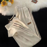 Znbbw Striped Corduroy Sweatpants Women Winter Thick High Waist Drawstring Wide Leg Trousers Y2K Korean All-Match Straight Pants