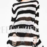 Znbbw Punk Gothic Long Unisex Sweater Summer Women Striped Cool Hollow Out Hole Broken Jumper Loose Rock Thin Dark Streetwear Top