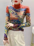 Znbbw Women's Fashion Printing Long Sleeve Half High Neck Mesh T-shirts Female Positioning Flower T Shirt FF0966