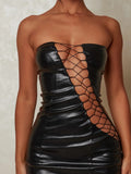 Znbbw Hollow Out PU Leather Sexy Mini Dresses For Women Strapless Sleeveless Backless Bodycon Party Short Dress Vestido