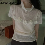 Znbbw Floral Patchwork Ropa Mujer Half High Collar Tops Short Sleeve T Shirt Korean Chic Camisetas Summer Knitted Clothes Women