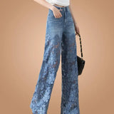 Znbbw Elegant Jeans for Women High Waist Lace Patchwork Pantalones Hollow Out Oversized Spring Casual Loose All Match Pants