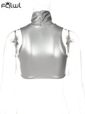 znbbw Summer Sexy silver Crop Top Club Outfit For Women 2023 Turtleneck Button Sleeveless Corset Tank Tops Party Casual Tops