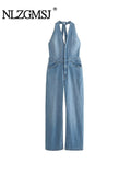 Znbbw TRAF 2023 Chic New Hanging Neck Denim Jumpsuit Backless Design Sense Stylish Female Elegant Jumpsuit Mujer