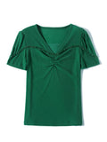 Znbbw Shinning Mesh T Shirts Women's Short Sleeve Beading V Neck Tees Buttons Folds Slim Tshirt For Female