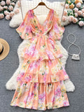 Znbbw Women Summer Dress New Style Gentle Style Short Sleeve V-neck Printed Waist Closing Cake Dress Sweet Fairy Vestidos D2548