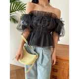 Znbbw Mesh Bubble Sleeve Blusas Mujer Off-shoulder Shirts Blouses Lace Up Bow Camisas Spring Summer 2024 Tops Tunic Ropa