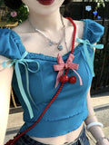 Znbbw Sweet Y2k T Shirts Puff Sleeve Bow Decoration Design Crop Tops Summer Female Slim 2000s Dopamine Girl Clothes Tees