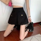 Znbbw Oversized Loose Bloomer Shorts Women Summer High Waist Korean Pocket Shorts Femme Solid Elastic Buttons Casual Bloomers