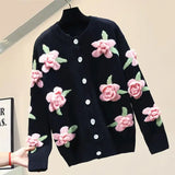 Znbbw Sweater Female 2024 Cardigan Women Sweater Loose Outer Coat Long Sleeve 3D Flower Round Neck Knitted Cardigan Female