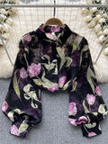 Znbbw Women Spring Shirt Korean Version Temperament High-end Floral Shirt with Bubble Sleeve Design Niche and Unique Top D5053