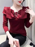 Znbbw Autumn Cotton T-shirt Women's Beading Bowknot Slash Collor TShirts Female Fashion Slim Top HF3011