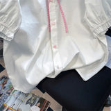 Znbbw Sweet Blouses Peter Pan Collar Puff Sleeve Tops Lace Up Embroidery Shirts Summer Preppy Style JK Women's Clothing 2024