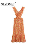 Znbbw TRAF Summer Elegant Dress Casual Strap Ruffles Tassel Printing Slim LongSling Backless Dress For Women