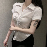 Znbbw Elegant Women Folds Shirt Fashion Summer Slim Female Sexy Tops Y2K Korean Casual All Match Solid White Shirts New