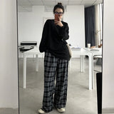 Znbbw Plaid Wide Leg Pants Women Harajuku Oversized Sweatpants Streetwear Vintage High Waist Baggy Joggers All Match Trousers