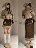 Znbbw Warm Elegant Two Piece Set Women Sweet Korea Casual Skirt Suits Female Cute Hooded Coat + Leather Y2k Skirt Winter 2024
