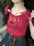 Znbbw Sweet Y2k T Shirts Puff Sleeve Bow Decoration Design Crop Tops Summer Female Slim 2000s Dopamine Girl Clothes Tees