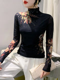 Znbbw New Long Sleeve T-shirt For Women Floral Turtleneck High Stretch Slim TShirts Located Printing Mesh Tops FF0862