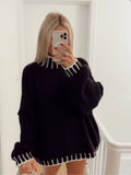 Znbbw Solid Patchwork Knit Sweater Women Fashion Loose Long Sleeves Pullover 2023 Autumn Office Ladies Commute Streetwear