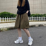 Znbbw Vintage Women Cargo Shorts American Streetwear Loose Wide Leg Pants Harajuku Casual Female Big Pocket Shorts Summer New