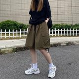 Znbbw Vintage Women Cargo Shorts American Streetwear Loose Wide Leg Pants Harajuku Casual Female Big Pocket Shorts Summer New