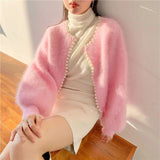 Znbbw Pearls Knitted Cardigan Women Mink Cashmere Sweater Coat Korean Sweet Cropped Patchwork Knitwear Elegant Jumper Tops New