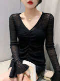 Znbbw V-neck Jacquard Flare Long Sleeve T-shirt Women's See Throught Pleated Cropped Slim Fit T Shirts Tops BH1906