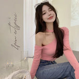 Znbbw Version Hanging Neck T-shirt With Sloping Shoulders Slim Fitting Sexy off Shoulder Short Long Sleeved T-shirt Top