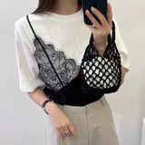 Znbbw Two Piece Ropa Mujer Contrast Lace Patchwork Tops Loose T Shirt Short Sleeve Camisetas Summer Round Neck Clothes Women