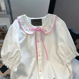 Znbbw Sweet Blouses Peter Pan Collar Puff Sleeve Tops Lace Up Embroidery Shirts Summer Preppy Style JK Women's Clothing 2024