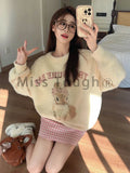 Znbbw Kawaii Knitted 2 Piece Set Women Casual Sweet Print Sweater + Plaid Skirt Suit Female Korean Fashion Vintage Cute Set New