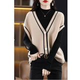 Znbbw and Winter V-neck Knitted Cardigan Vest Women Contrast Color Loose and Versatile Sleeveless Tank Top Sweetheart Vest