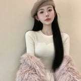 Znbbw Women's Sweater Base Sweater Versatile Round Neck Knit Sweater Slim Fitting Short Top Sweater