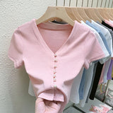 Znbbw T Shirts Women V-Neck Pearl Buttons Cropped Tshirt Tee Lady Solid Slim Cardigan Crop Top for Female