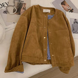 Znbbw Suede Cropped Jacket Women Harajuku Casual Bomber Coat Streetwear Korean Camel Single Breasted Loose Outerwear Tops New