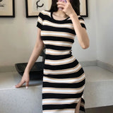 Znbbw Women's Dress  Hip Striped Elegant Short-sleeved  Knit Crew Neck Dress