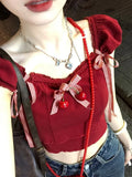 Znbbw Sweet Y2k T Shirts Puff Sleeve Bow Decoration Design Crop Tops Summer Female Slim 2000s Dopamine Girl Clothes Tees