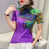 Znbbw Spring Print Tees Women Turtleneck Soft Short Sleeve T Shirts Lady Mesh Elegant Stretchy Tops Tees Female T-Shirt