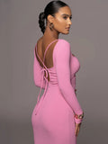 Znbbw Halter Strapless Backless Midi Dress For Women Robe 2023 Autumn Full Sleeve Bodycon Party Long Dress Vestido