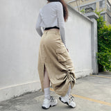 Znbbw Streetwear Women Long Skirt with Adjustable Drawstring Solid Color Casual Style Loose Summer Clothing