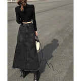 Znbbw Vintage Denim Skirts Women Tassel Midi A Line Skirt Jeans Streetwear Korean High Waist Raw Edge Slim Casual Mermaid Skirt