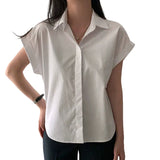 Znbbw Minimalist Loose Short Sleeved Blouses Lapel Patchwork Button Folds Women's Shirt Top