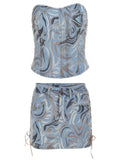 Znbbw Denim Two Piece Set for Women Summer Sexy Strapless Backless Crop Top and Mini Skirt Set Streetwear y2k Matching Suit