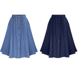 Znbbw Women's High Waist Button Pleated Midi Skirt With Elastic Waist Knee Length Skirt