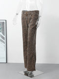 Znbbw Leopard Print Women Pants Retro High Waist Zipper Pockets Straight Trousers 2024 Spring Y2k Lady Casual Loose Denim Pant