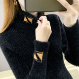 Znbbw Collar Pullover Sweater Women Mink Letter Jacquard Underlay Solid Western Knit Undercoat Autumn Winter Pullover Sweater