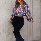 znbbw Lady T-Shirts O-Neck Blusa Women Fashion Party Glitter Sequin Tees Shirt Casual Streetwear Lantern Sleeve Sexy Crop Tops