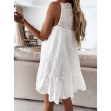 Znbbw Women Casual White Dress Boho Party Plain Beach Sundress Summer Loose Sleeveless Hook Flower Hollow Mini A-Line Dresses