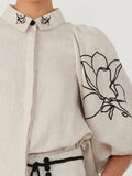 Znbbw Print Cotton Linen Women Pants Set Oversize Lantern Sleeve Lapel Top Lace Up Wide-leg Trousers 2024 Spring Lady Suits